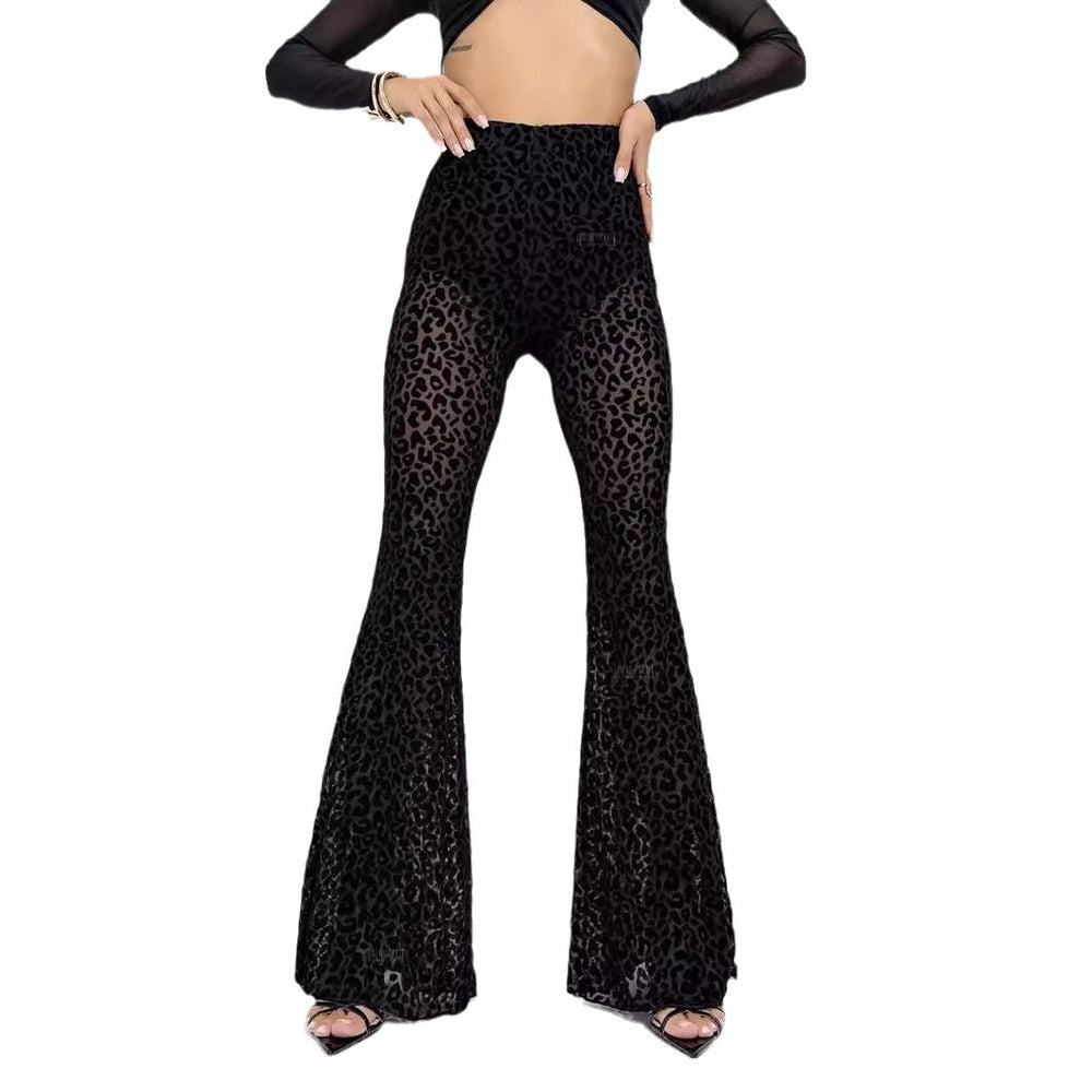 European and american style cross-border independent website women's hot-selling sexy mesh flocked high-waisted leg-lengthening slightly flared casual pants