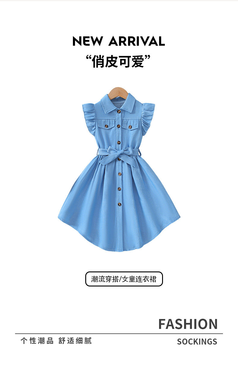 Exportgirldress imitation denim blue flying sleeves single breasted bows belt shirt skirt kids a-line skirt