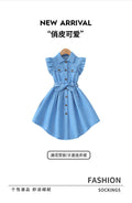 Exportgirldress imitation denim blue flying sleeves single breasted bows belt shirt skirt kids a-line skirt