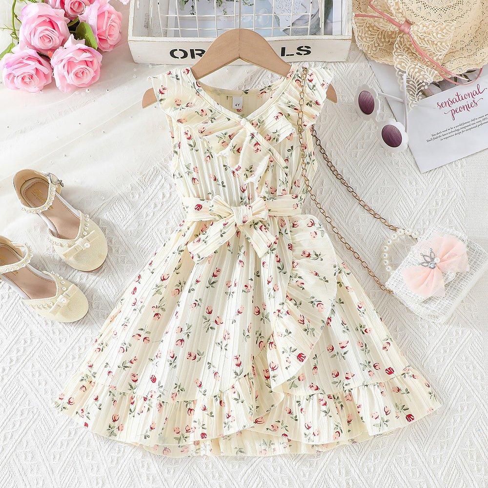 summer new arrival: girls' solid beige floral print ruffle collar dress with belt - ready stock wholesale