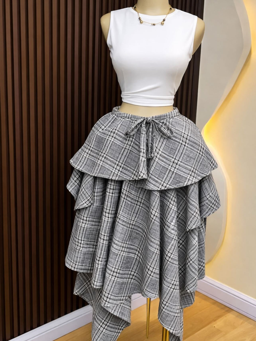 European and american cross-border women's fashion:  summer new arrival - high-waisted tie-waist plaid asymmetrical midi a-line skirt