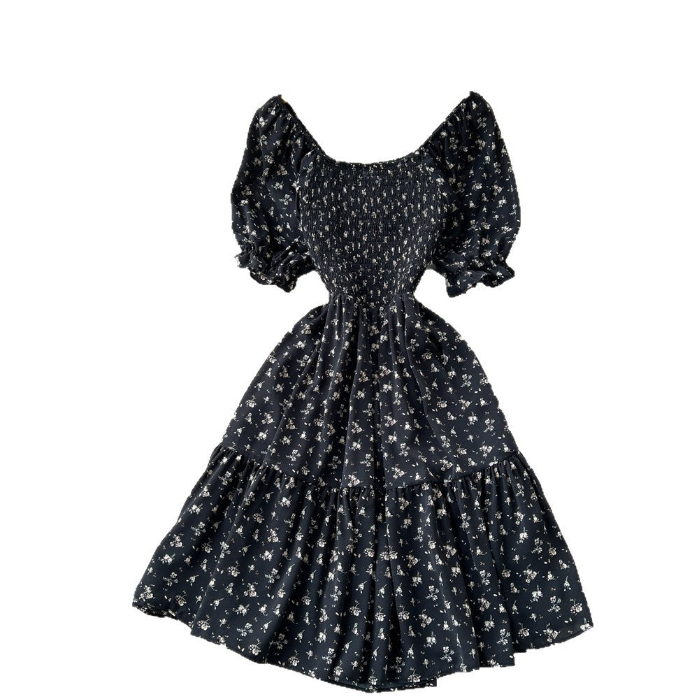 Korean style red floral print shirred waist pleated dress - women's summer puff sleeve square neck high waist a-line dress - romantic & chic