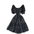 Korean style red floral print shirred waist pleated dress - women's summer puff sleeve square neck high waist a-line dress - romantic & chic