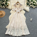 Luxury french style high-end short-sleeve dress - women's summer blazer collar lace mesh belted maxi dress