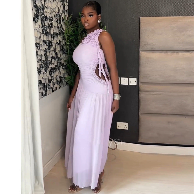 European and american cross-border women's fashion:  autumn new arrival - elegant ruffle-trimmed, cropped waist, purple, slim-fit, sleeveless maxi dress