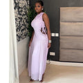 European and american cross-border women's fashion:  autumn new arrival - elegant ruffle-trimmed, cropped waist, purple, slim-fit, sleeveless maxi dress