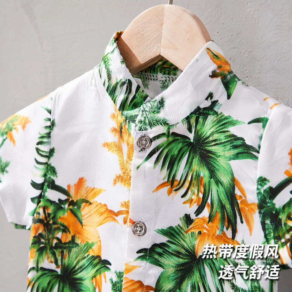 Summer boys' beach casual set - short-sleeve printed shirt + shorts two-piece wholesale
