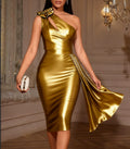European and american sexy gold cutout bow one-shoulder dress - ruched waist bodycon evening gown