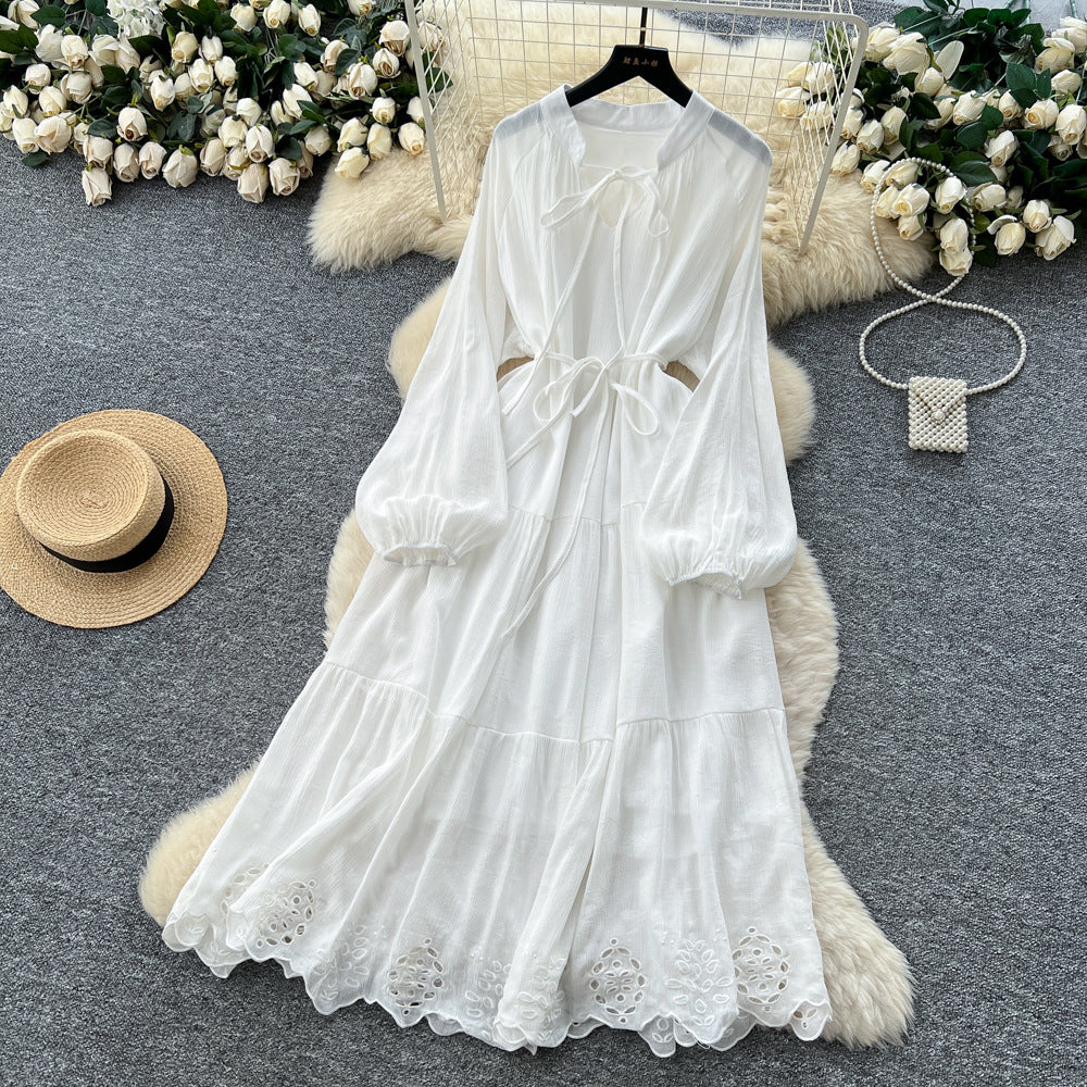 French chic tie-waist lantern sleeve cutout embroidered maxi dress - autumn/winter high-end women's dress