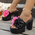 Plus size women's sandals for export -  summer new arrival: one-strap, floral appliqué, wedge heel, thick-soled beach slippers for cross-border e-commerce