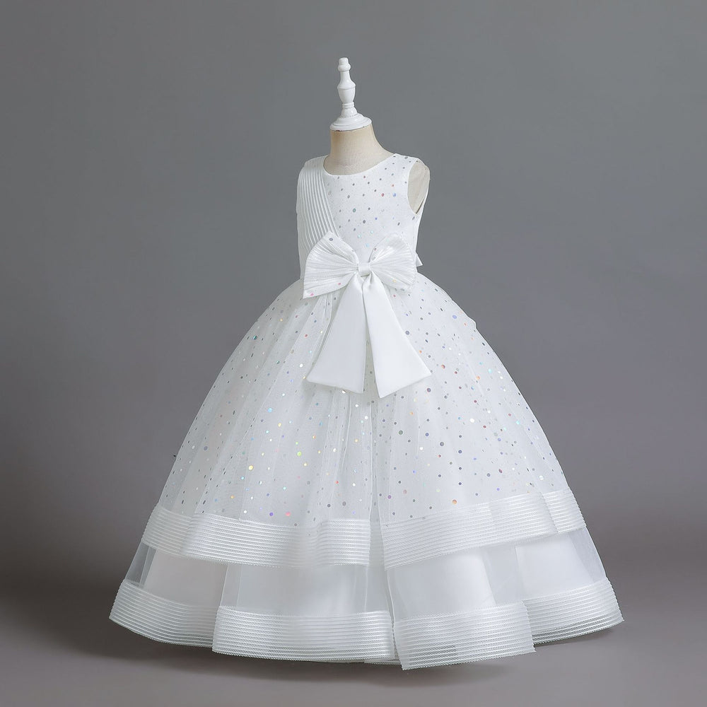 Ready-to-ship wholesale children's polka dot formal dresses, featuring large bow princess skirts for girls, high-end flower girl dresses, and kids' dresses