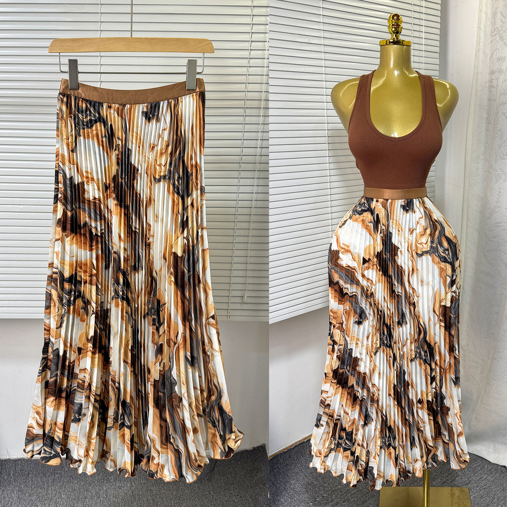 Exportsweeteasiest for matchpleated skirt large swing printing skirt women's frenchhigh waista-line medium long pleated skirt