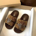 One-line fur slippers for women fashionthick sole belt buckle height-increasing outwear slippers easiest for match home stuffed soft bottom slippers
