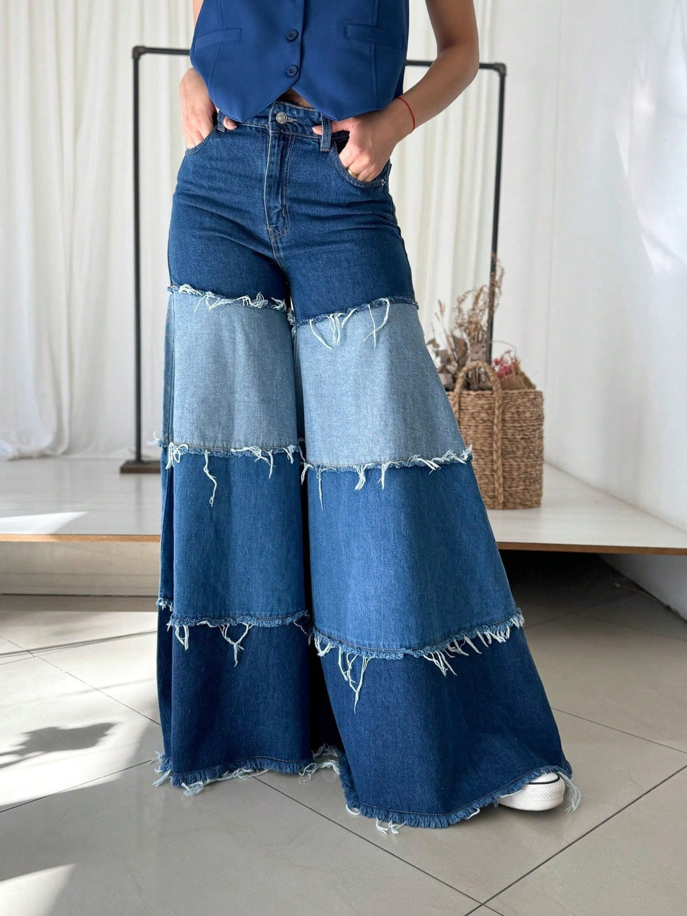 Fashionjeans women's high waistcontrast color raw edge patchworkloose pants elastic washed color matching large horn moppants