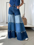 Fashionjeans women's high waistcontrast color raw edge patchworkloose pants elastic washed color matching large horn moppants