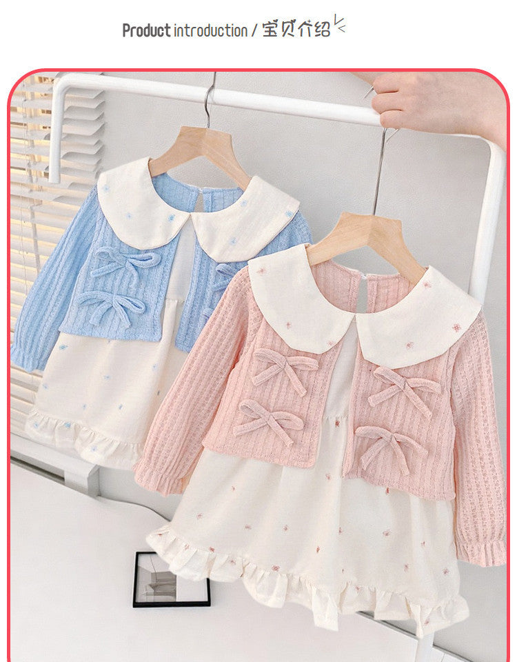 Girls'  dress - korean style round neck, turn-down collar, patchwork bow, floral print dress - toddler & infant skirt - fresh & sweet