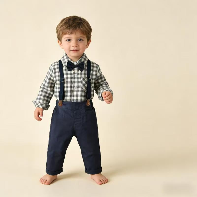 Boys' spring outfit set: new spring collection - plaid shirt, perfect for first birthday parties and gentleman's events