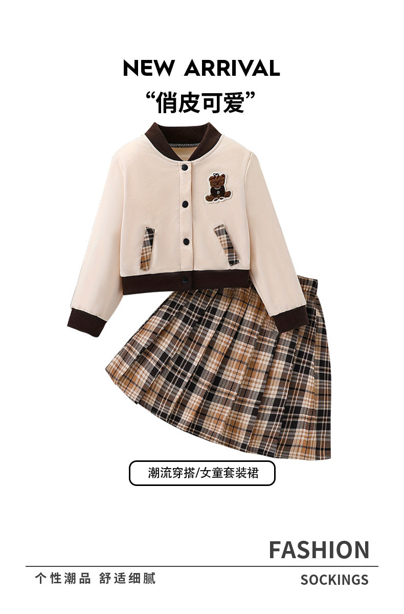 Girls' fall/winter baseball jacket & pleated plaid skirt set - cute bear embroidery, two-piece outfit for kids