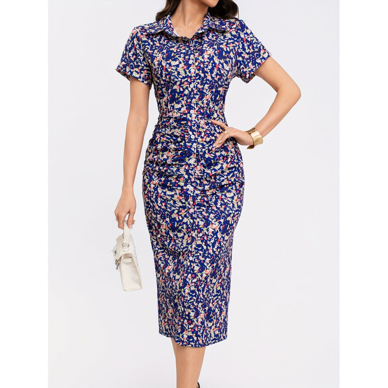 cross-border listing: new  original women's elegant floral print ruched short-sleeve dress