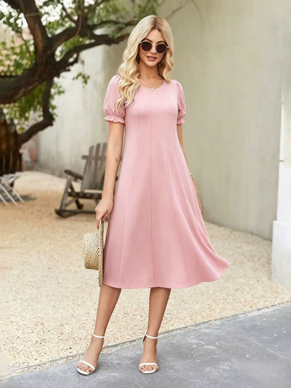 spring/summer cross-border fashion: european & american  style - flowy, casual, bubble short sleeve flared hem dress