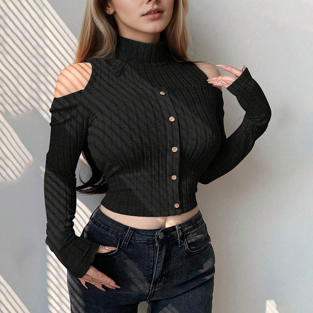 Shein Independent Station Cross-border Women's Clothing Korean Edition Trend T-Shirt Autumn and Winter Off-Shoulder Design Long Sleeve Short Bottom Top