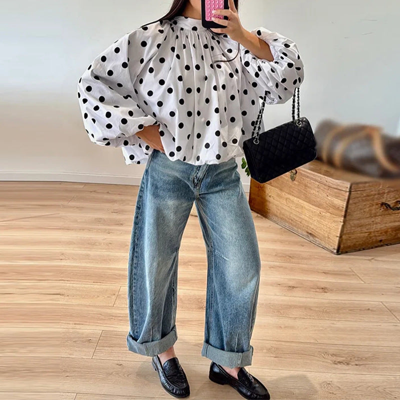 summer new women's clothing - cross-border  us & europe - fashion polka dot loose backless blouse top