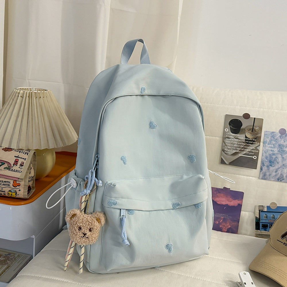 Schoolbag girl casualeasiest for match backpack college student heart embroiderpure color tuition bag travel backpack