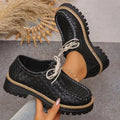 autumn women's casual leather loafers: comfortable round toe, chunky heel, retro style, soft leather, lace-up, platform sole