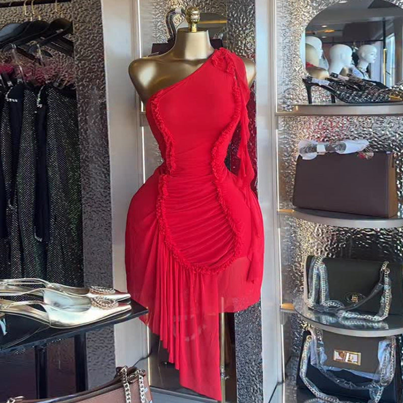 European and american cross-border women's fashion:  autumn new arrival - elegant asymmetrical one-shoulder ruffle trim bodycon dress