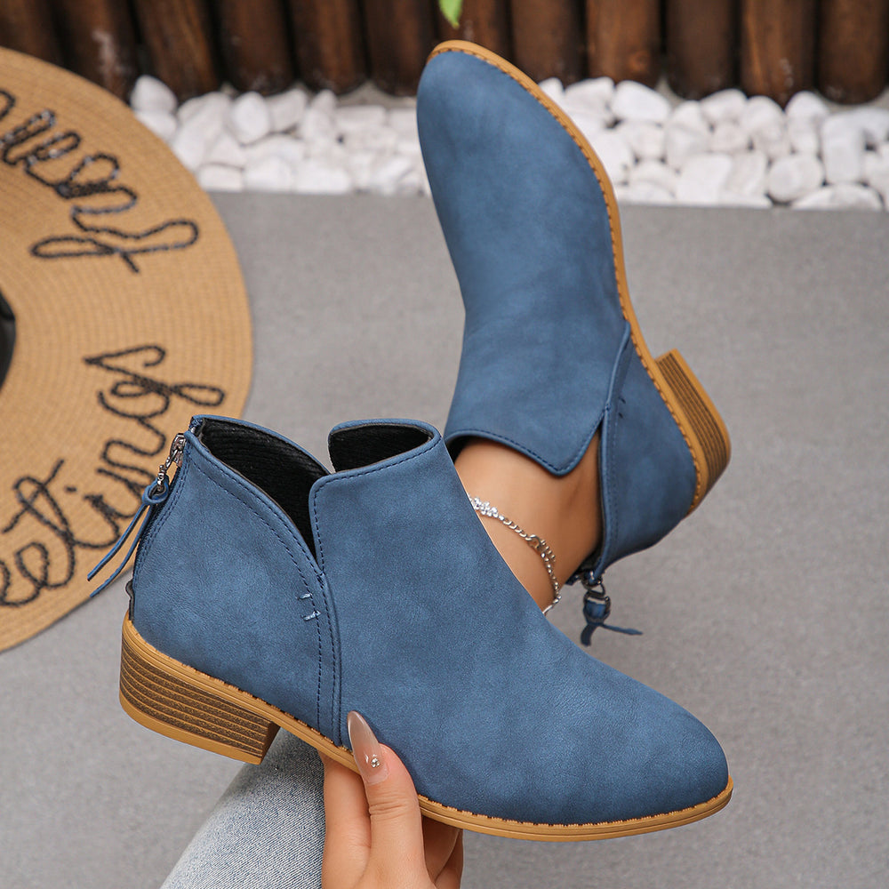 Fashionexportplus size leather boots women's boots pure colorslimming look pointed toe back zipper casualthick sole thick heel boots women's single