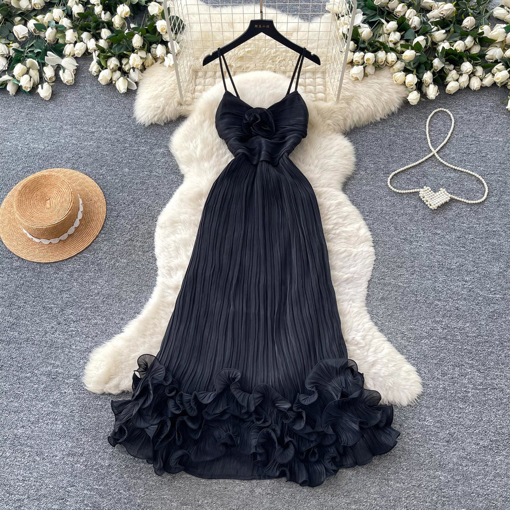 French style sweet camisole dress - women's summer korean high-waisted ruffle trim a-line dress - vacation ready