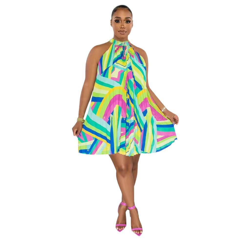 new european and american cross-border women's fashion printed pleated off-shoulder sleeveless back tie-up dress