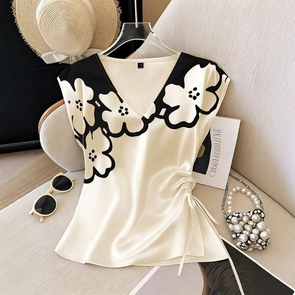 European and american style light luxury color block print tank top - deep v-neck, drawstring waist, slimming satin sleeveless top