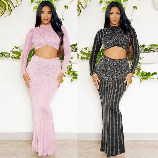 K2856 European and American, sexy, hot diamond hip-wrapped tight elastic long-sleeved fishtail skirt set