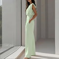 summer new women's clothing - cross-border european & american style - fashionable casual commute solid color crew neck pleated jumpsuit