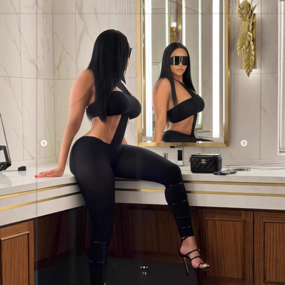fashion cross-border sexy hot girl nightclub style tight silm tube top halterpantsfashionsuit women's clothing