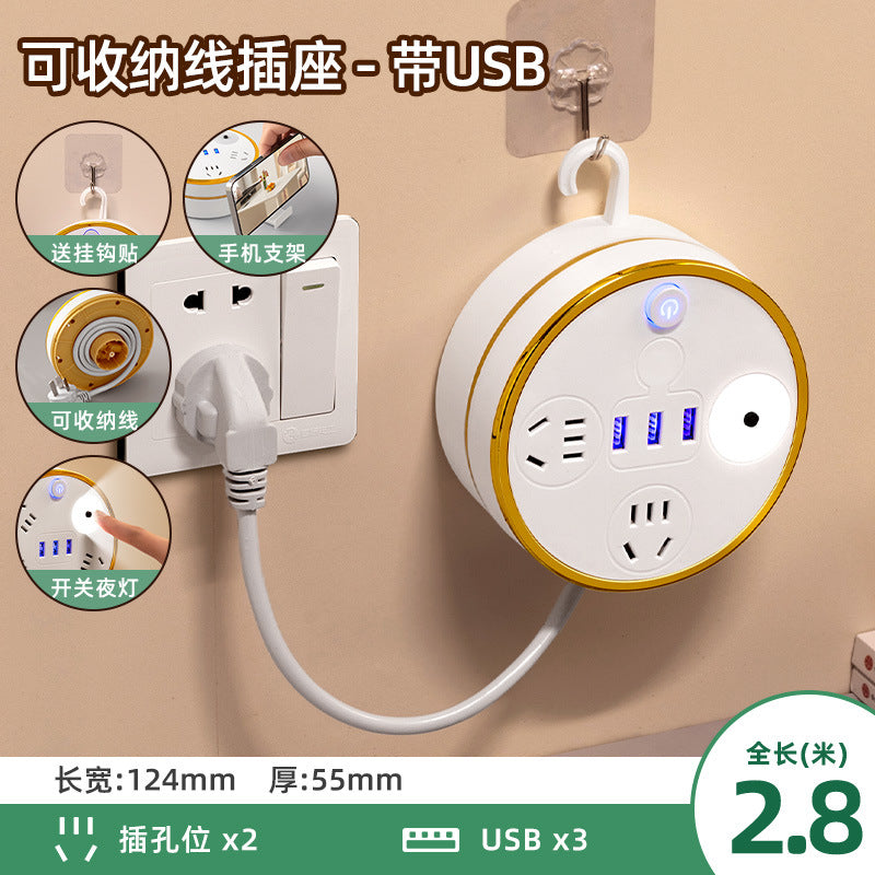 Retractable power strip with usb ports, cord management panel, multi-outlet socket, and built-in cable – ideal for home, dorm, and office use