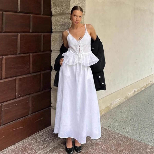 Summer vacation casual white cotton and linen suspender vest A-shaped skirt two-piece set women's 2025  European and American skirt set