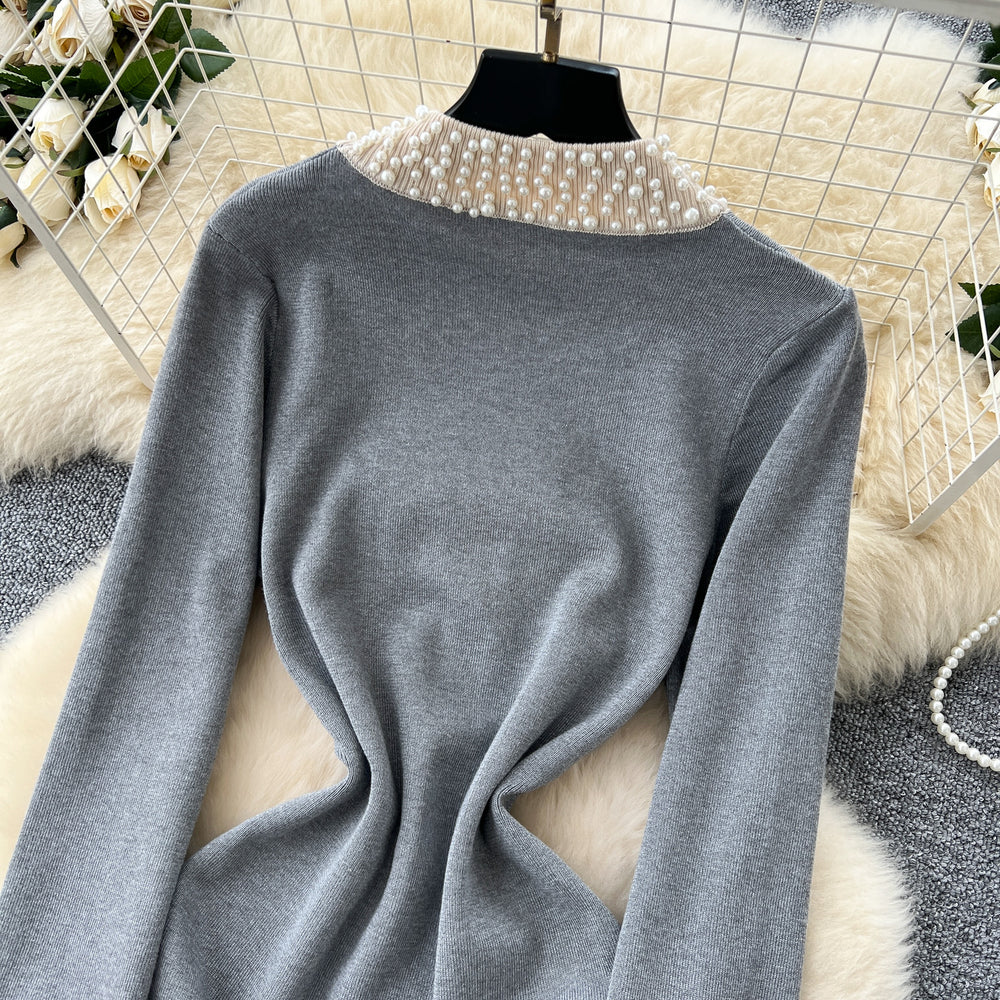 Elegant and high-end beaded round neck long sleeve knitted midi dress - women's autumn slim-fit inner layer sweater dress