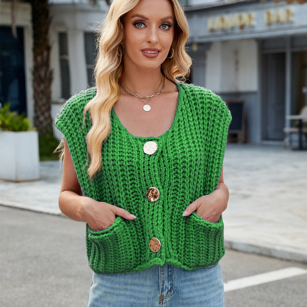 Fashion cross-border women's clothing  independent station new v-neck three-button sleeveless cardigan sweater vest