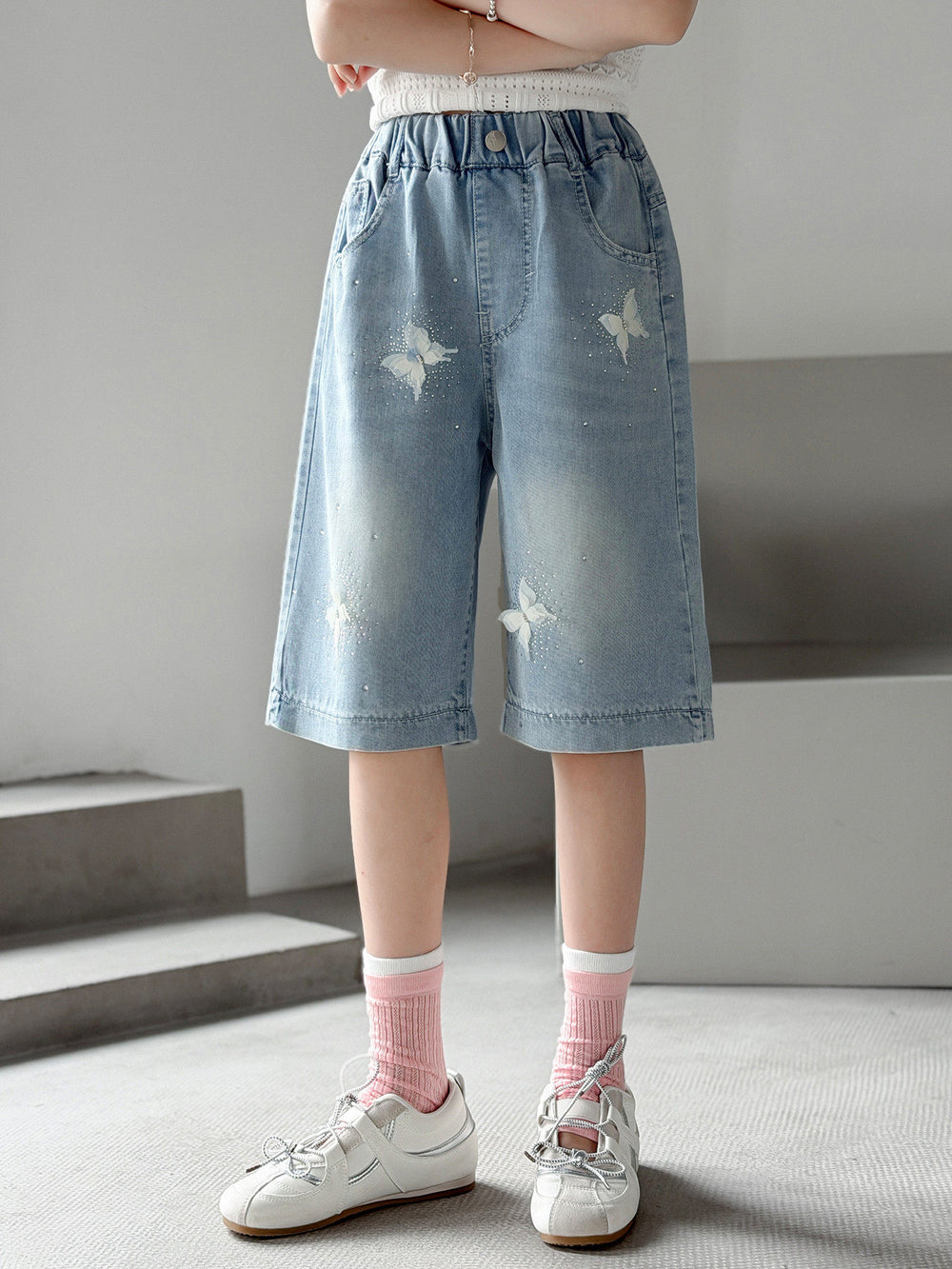 Girl hot diamond denim mid-pants summer style pants kids middle-aged and big kids shorts easiest for matchsummer thin half length pants
