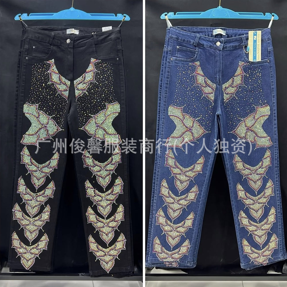 Boyfriend jeans availablenew arrivalheavy industry embroider hot diamond wide leg jeans women's straight-leg pants