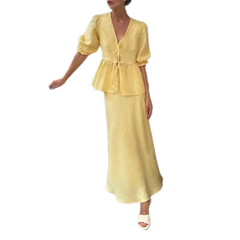 women's summer new arrivals: cross-border european & american fashion - elegant solid color v-neck tie-strap maxi dress set