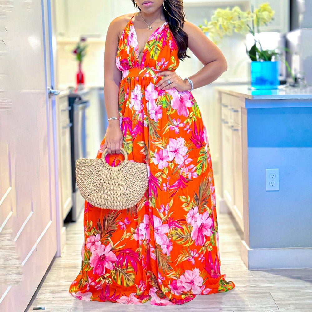 C8575  summer new arrival fashionable elegant v-neck camisole printed beach maxi dress sexy foreign trade dress
