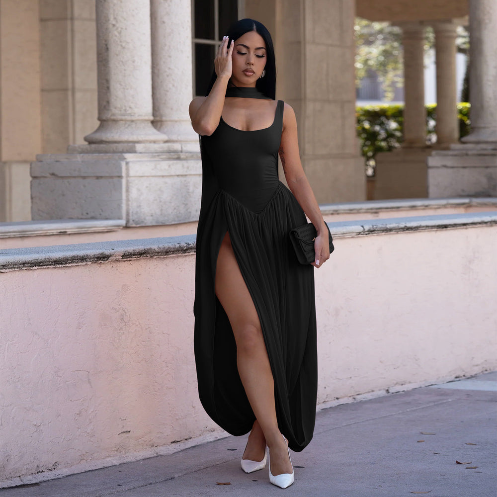 C7659 cross-border   fashion women's sexy solid color slit ribbon dress set