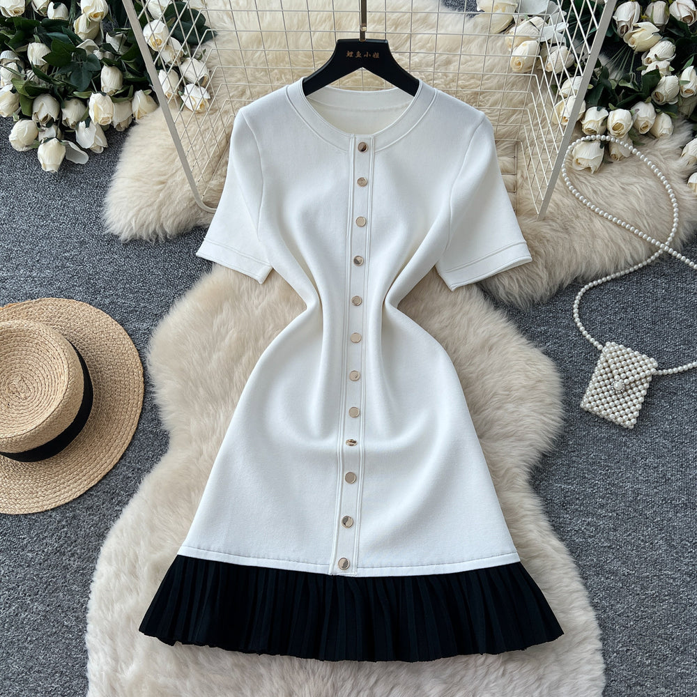 Xiaoxiangfeng knittingdress women's  summer fashion metal button short sleeve pleated patchwork classy work clothing skirt