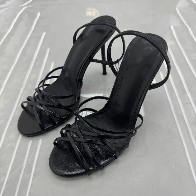 Spanish 2025 summer new women's shoes black pink thin strap decorated leather fashion casual commuter high heel sandals