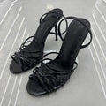 Spanish 2025 summer new women's shoes black pink thin strap decorated leather fashion casual commuter high heel sandals