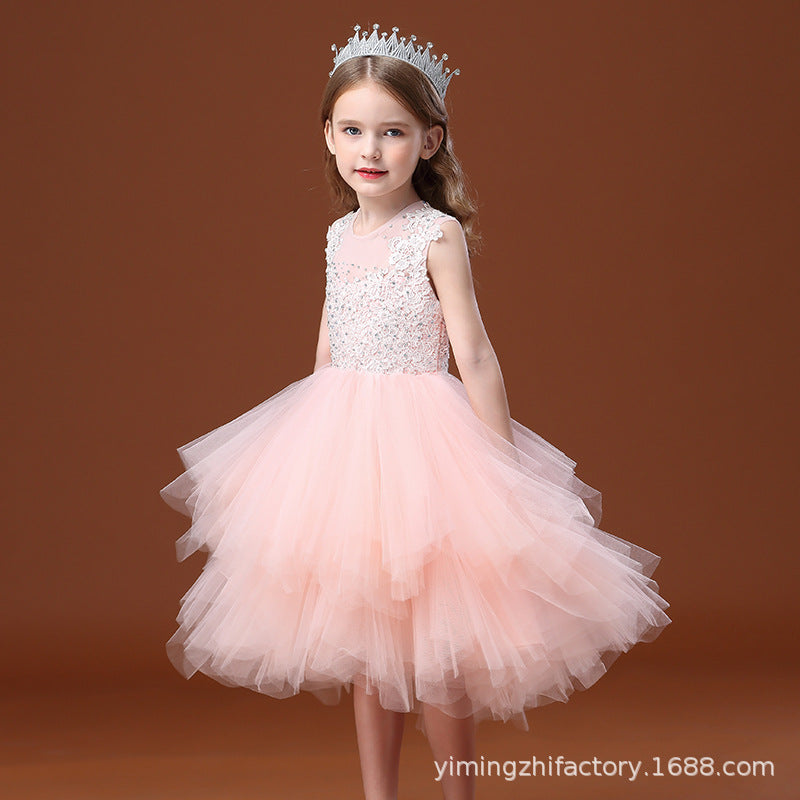 Girls' formal dress new arrival: customizable tulle tutu princess dress - pink floral print cake skirt, european & american style vest dress
