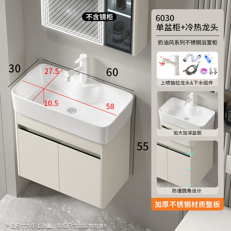 Small apartment bathroom cabinet Thickened stainless steel washstand Integrated cabinet Storage mirror Washstand Deepened ceramic integrated basin